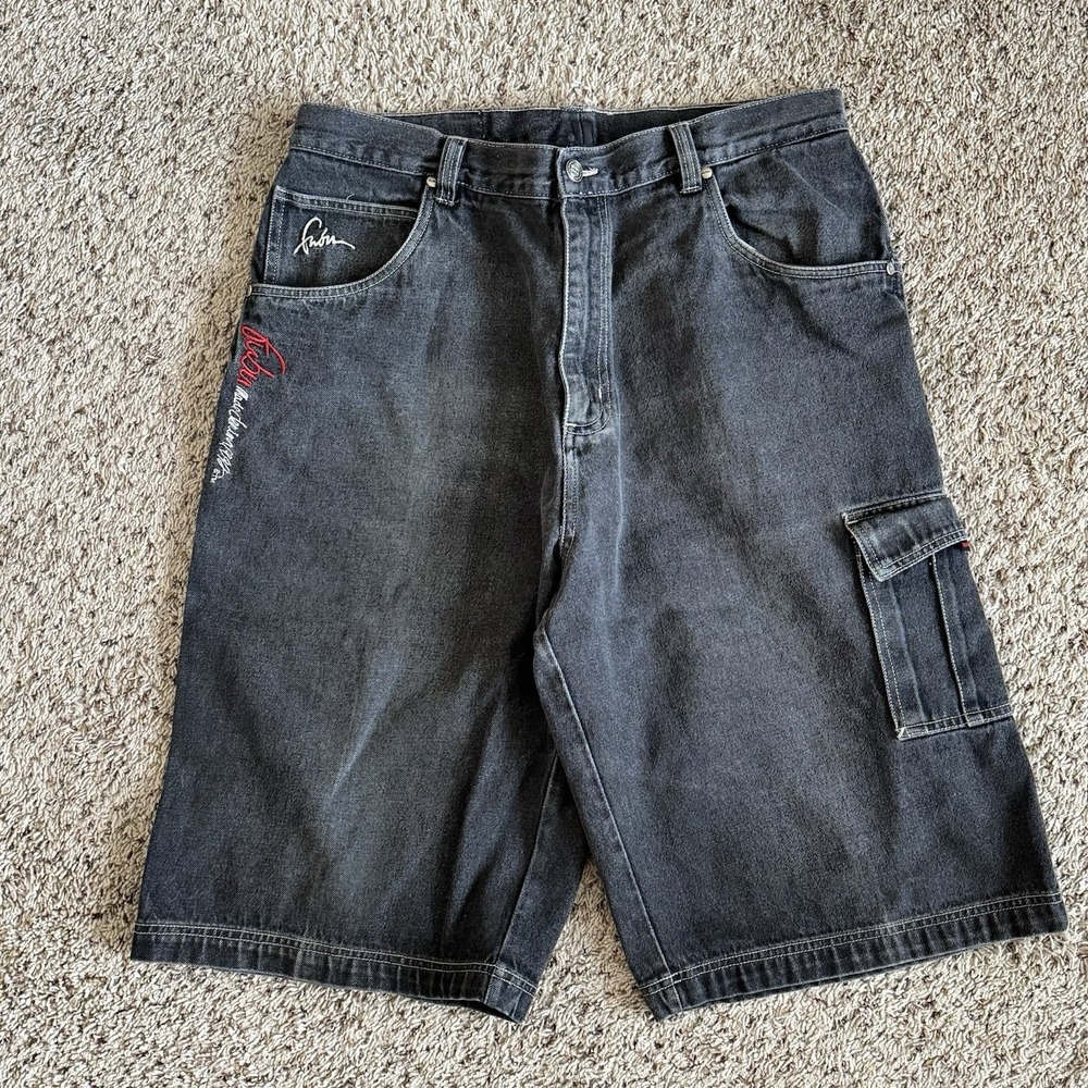 FUBU The Collection Men's Denim Cargo Shorts Black Embroidered Y2K Streetwear 38